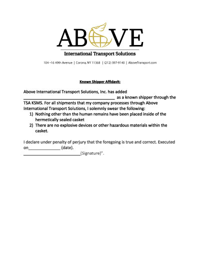 Known Shipper Affidavit